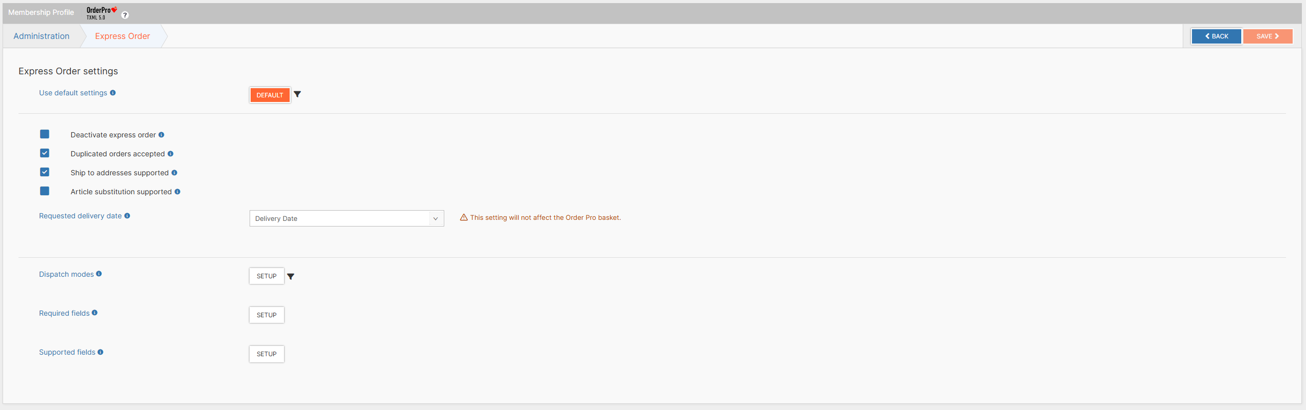 Express order settings section