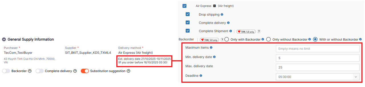 Min\Max delivery date and deadline information provided by Supplier