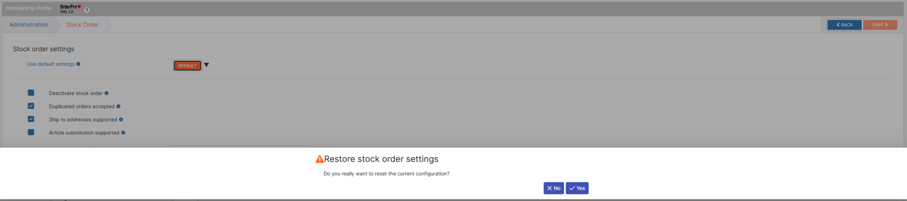 Reset Stock order settings section to default