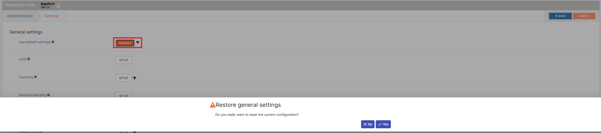 Reset General settings section to default