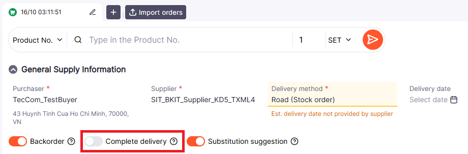 Complete delivery option supported by supplier