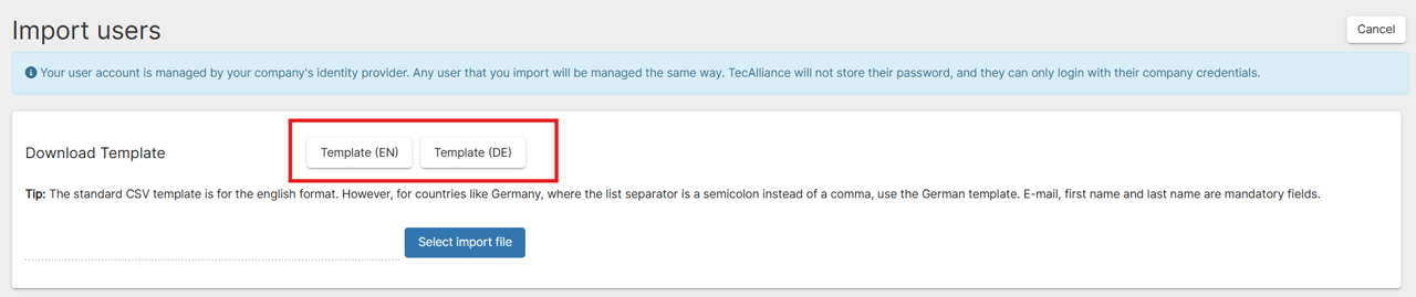 User import template