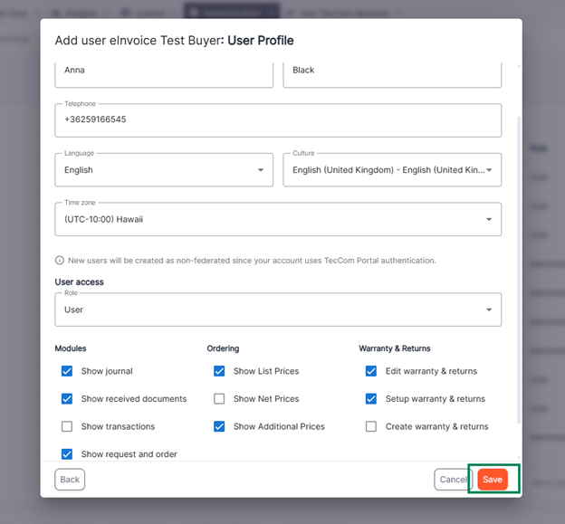 User profile settings